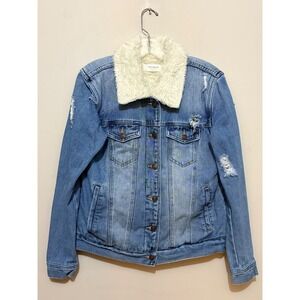 PacSun Womens Distressed Faux Fur Lined‎ Denim Trucker Jacket Medium Wash Blue